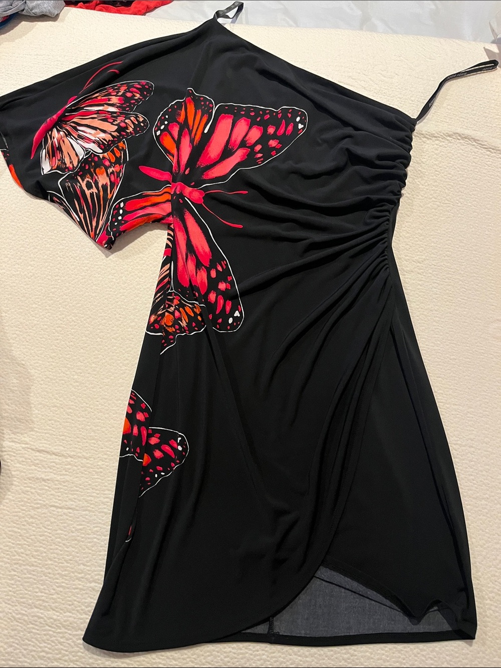 Bisou Bisou Black One-Shoulder Dress with Red-Pink Butterfly Print